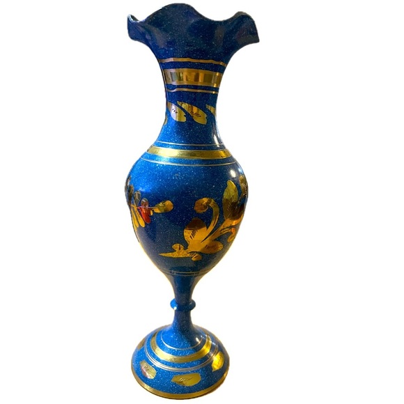 Vintage Blue Enameled Brass Bud Vase w/ etched florals and ruffled opening - Picture 2 of 9